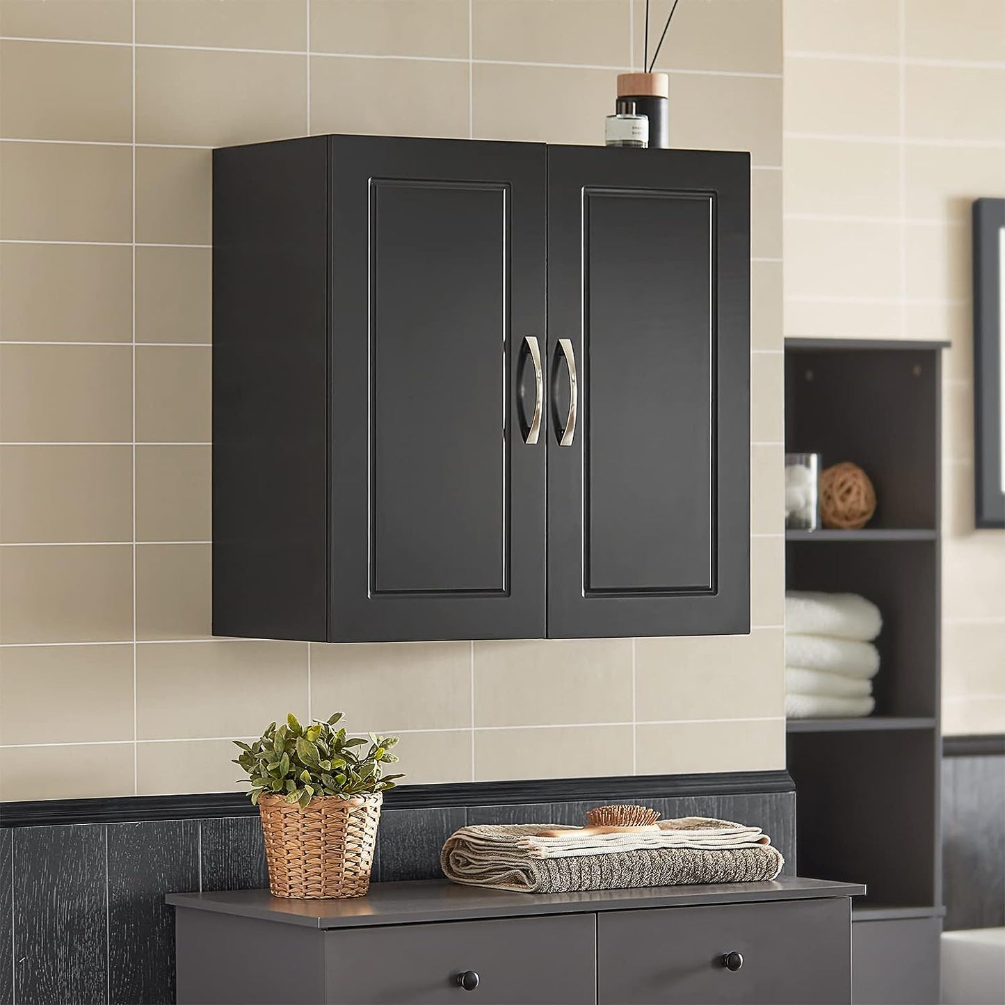 Wall Storage Cabinet Double Doors, Black