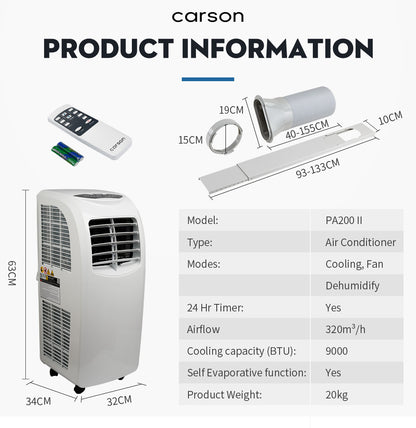 CARSON Portable Air Conditioner Mobile Fan Cooler Cooling Dehumidifier 9000BTU