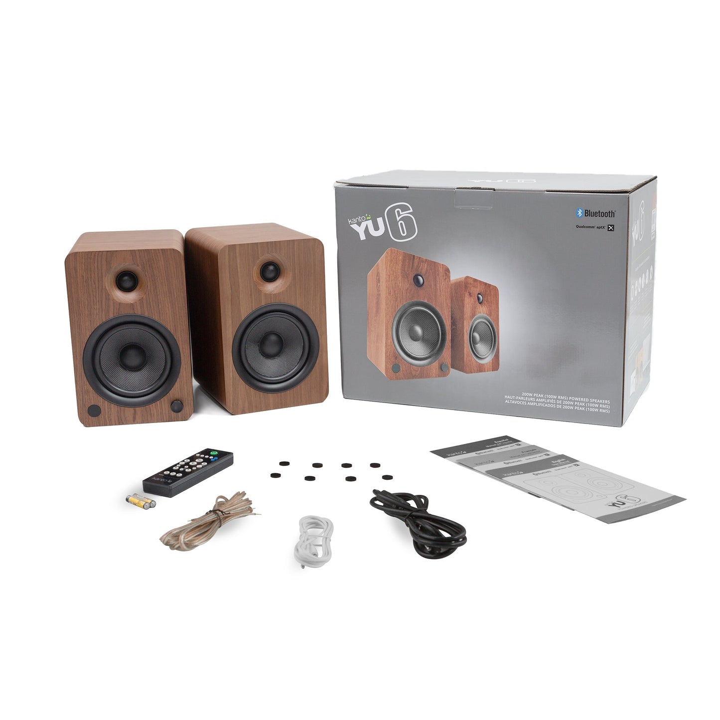 Kanto YU6 200W Powered Bookshelf Speakers with Bluetooth and Phono Preamp - Pair, Walnut with SP26PL Black Stand Bundle