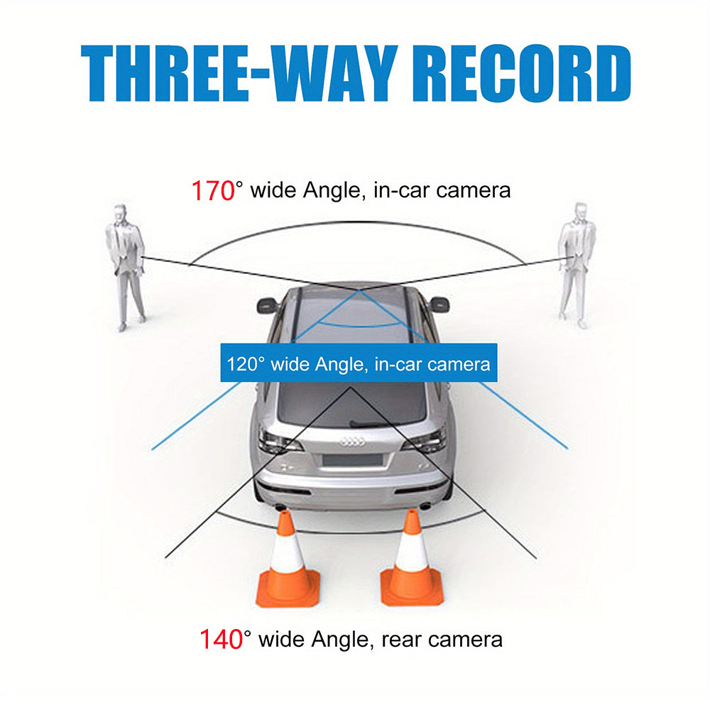 Front and Rear Triple Lens Dash Cam 1080P HD 4-inch touch screen wide-angle lens