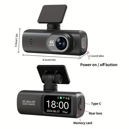 4K Front and Rear Dual Dash Cam WiFi GPS Car Camera with 64GB SD Card