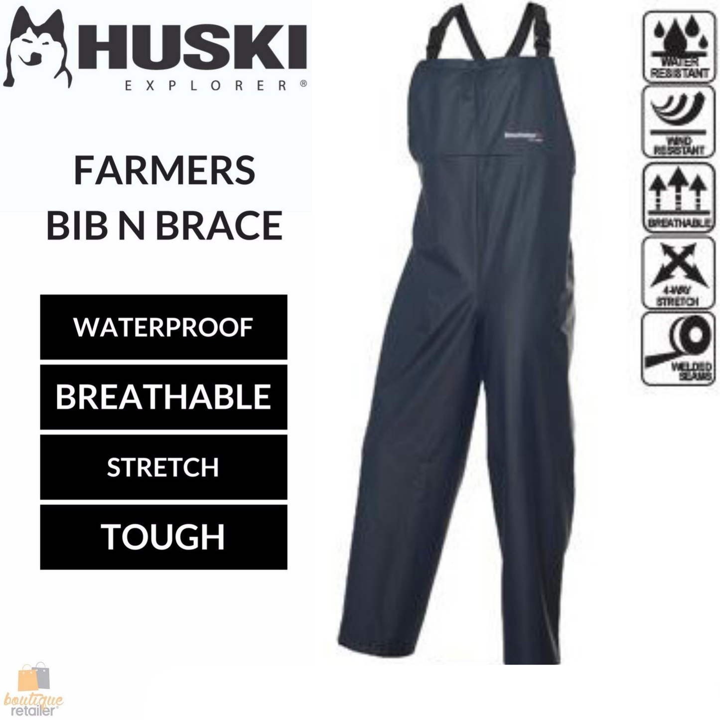 HUSKI OVERALLS Farmers Bib N Brace Waterproof Stretch Windproof Work - Navy - 3XL