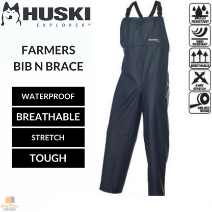 HUSKI OVERALLS Farmers Bib N Brace Waterproof Stretch Windproof Work - Navy - S