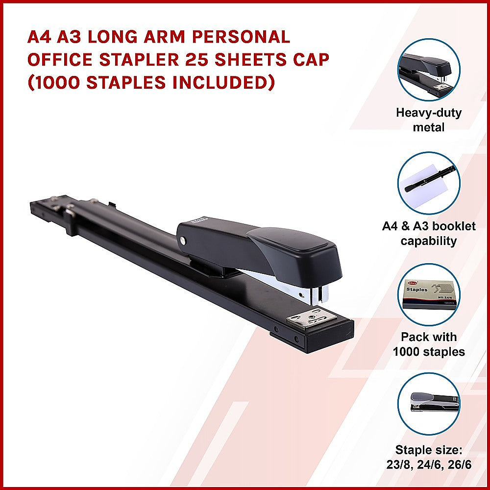 A4 A3 Long Arm Personal Office Stapler 25 sheets CAP (1000 staples included)