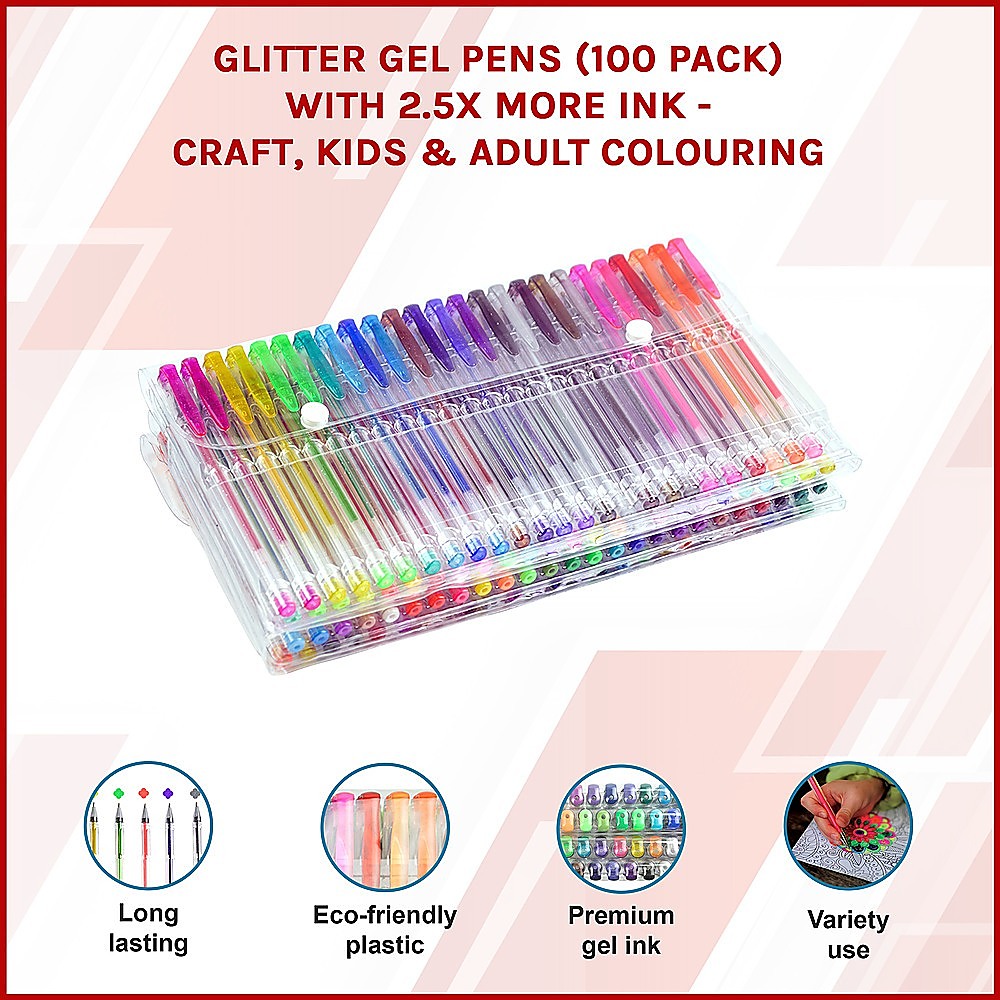 Glitter Gel Pens (100 pack) with 2.5X More Ink - Craft, Kids & Adult Colouring